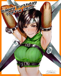 Rule 34 | 1girl, armpits, arms up, artist name, border, breasts, brown eyes, brown hair, closed mouth, commentary, crop top, final fantasy, final fantasy vii, fishnets, forehead protector, gloves, headband, highres, holding, holding weapon, huge weapon, looking at viewer, medium breasts, midriff, outside border, ribbed sweater, sgk, short hair, shuriken, signature, simple background, sleeveless, sleeveless turtleneck, smile, solo, steam, sweater, turtleneck, upper body, weapon, white background, yuffie kisaragi