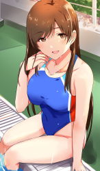 Rule 34 | 1girl, absurdres, bare shoulders, blue one-piece swimsuit, blush, breasts, brown eyes, brown hair, collarbone, competition swimsuit, covered navel, ekaki kukuma, highres, idolmaster, idolmaster cinderella girls, large breasts, long hair, looking at viewer, nitta minami, one-piece swimsuit, open mouth, poolside, school swimsuit, sitting, smile, solo, swimsuit, thighs, wet