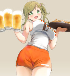 Rule 34 | 1girl, alcohol, beer, breasts, green eyes, highres, hooters, inuyama aoi, open mouth, orange shorts, shorts, waitress, yurucamp