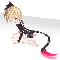 Rule 34 | 1girl, bad id, bad pixiv id, barefoot, blonde hair, bow, dress, artistic error, feet, hair bow, hair over one eye, mizushirazu, original, personification, pluto (planet), red eyes, scorpion tail, short hair, solo, tail