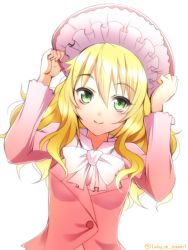 Rule 34 | 1girl, aht, blonde hair, bow, bowtie, eyebrows, green eyes, hair between eyes, hat, hoshii miki, idolmaster, idolmaster (classic), long hair, looking at viewer, ookami maito, signature, simple background, smile, solo, upper body, white background, white bow