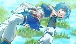 Rule 34 | 1girl, belt, blood, blood on face, blue belt, blue hair, blue skirt, blue thighhighs, boots, breasts, cape, closed eyes, cuts, death, detached sleeves, frills, gloves, grass, injury, lying, mahou shoujo madoka magica, medium breasts, medium hair, miki sayaka, navel, on back, skirt, solo, soul gem, strapless, thighhighs, torn clothes, torn thighhighs, user ujsj2527, wet, white cape, white gloves, white thighhighs
