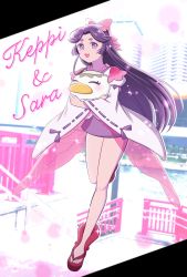 Rule 34 | 1girl, :d, absurdres, azuma sara, black hair, blurry, blurry background, bow, character name, full body, hair bow, highres, kappa, keppi, mesyoko, open mouth, outdoors, photo background, pink bow, purple eyes, ribbon-trimmed sleeves, ribbon trim, sandals, sarazanmai, smile, wide sleeves