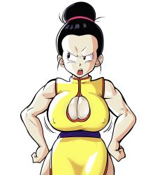 Rule 34 | 1girl, :o, absurdres, angry, black eyes, black hair, bouncing breasts, breasts, chi-chi (dragon ball), china dress, chinese clothes, cleavage, cleavage cutout, clothing cutout, covered erect nipples, cowboy shot, dragon ball, dragonball z, dress, female focus, hair bun, hands on own hips, highres, large breasts, legs, looking to the side, matching hair/eyes, mature female, motion lines, open mouth, pseudocel, side slit, simple background, single hair bun, sleeveless, solo, standing, teeth, thighs, upper teeth only, v-shaped eyebrows, white background