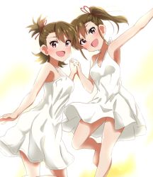 Rule 34 | 2girls, :d, bare shoulders, barefoot, blush, breasts, brown hair, cleavage, commentary request, dars (recolors), dress, futami ami, futami mami, hair ribbon, holding hands, idolmaster, idolmaster (classic), interlocked fingers, looking at viewer, medium breasts, multiple girls, open mouth, outstretched arm, ponytail, purple eyes, red ribbon, ribbon, short hair, siblings, side ponytail, sisters, smile, twins, white dress