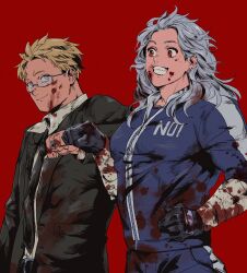 Rule 34 | 1boy, 1girl, bandaged arm, bandages, black gloves, black suit, blood, blood on clothes, blood on face, cropped legs, dorohedoro, fist bump, formal, glass, gloves, grin, highres, linta 610, necktie, noi (dorohedoro), red background, shin (dorohedoro), simple background, smile, standing, suit, track suit, white hair