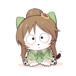 Rule 34 | 1girl, :d, animal ears, animal hands, blush, brown hair, cat ears, cat girl, cat tail, closed mouth, full body, gloves, googly eyes, green shirt, hair bun, idolmaster, idolmaster cinderella girls, long sleeves, looking at viewer, open mouth, paw gloves, paw shoes, shadow, shirt, sidelocks, simple background, smile, solo, tail, takamori aiko, tama &amp; friends, uccow, white background, white footwear, white gloves