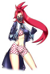 Rule 34 | 1girl, artist request, black mask, blush, bodysuit, boxers, boyshort panties, bra, breasts, camisole, capcom, cleavage, clenched hands, delinquent, embarrassed, eyelashes, female focus, gloves, hands up, heart, heart bra, heart panties, heart print, himezaki aoi, humiliation, justice gakuen, latex, legs, long hair, looking down, male underwear, mask, medium breasts, midriff, moero! justice gakuen, mouth mask, navel, neck, panties, parted bangs, ponytail, print bra, print panties, purple eyes, red hair, sailor collar, shiny clothes, shiny skin, sidelocks, spiked hair, standing, thighs, torn bodysuit, torn clothes, transparent background, tsundere, underwear, very long hair, wardrobe malfunction