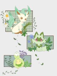 Rule 34 | blue flower, brown eyes, budew, creatures (company), falling leaves, flower, full body, game freak, gen 4 pokemon, grid background, highres, jira 077, leaf, leafeon, nintendo, no humans, no mouth, plant, pokemon, pokemon (creature), purple flower, red eyes, sitting, sprigatito, standing, standing on one leg, white flower