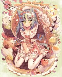 Rule 34 | 1girl, :3, animal ear fluff, animal ears, apron, arm up, artist name, beret, between legs, blunt bangs, bow, bowtie, branch, bridal garter, brown capelet, capelet, cat, cat ears, cat girl, cat tail, cherry, cherry blossoms, commentary, cross-shaped pupils, cup, cupcake, falling petals, fishnet gloves, fishnets, flower, food, footwear bow, frilled apron, frilled capelet, frilled skirt, frilled sleeves, frills, from above, fruit, full body, fur-trimmed capelet, fur trim, gloves, green background, green eyes, green hair, green tea, hair bow, hair flower, hair ornament, hairclip, half updo, hand between legs, hat, heart, highres, in food, long hair, long sleeves, looking at viewer, original, oversized food, oversized object, pancake, petals, red bow, red bowtie, red footwear, red skirt, shoes, signature, sitting, skirt, smile, solo, sparkle, striped background, striped clothes, striped skirt, symbol-only commentary, symbol-shaped pupils, tail, tail bow, tail ornament, tea, too many, too many frills, tsukumi bis, waist apron, wariza, whipped cream, white gloves, white hat, yunomi