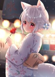 Rule 34 | 1girl, animal ears, blurry, blurry background, candy, candy apple, day, festival, flower, food, hair flower, hair ornament, highres, holding, holding candy, holding food, japanese clothes, kimono, looking at viewer, michiru donut, obi, outdoors, red eyes, sample watermark, sash, short hair, smile, solo, standing, tail, virtual youtuber, watermark, white kimono, yukata