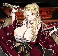 Rule 34 | ass, bandages, blonde hair, breasts, cup, highres, horns, huge ass, idsk you, japanese clothes, kimono, large areolae, large breasts, mature female, oni, oni horns, open mouth, original, pink hair, red eyes, sakazuki, shinai, sword, thick thighs, thighs, weapon
