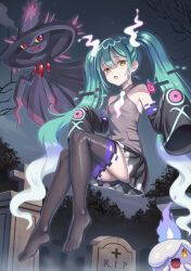 Rule 34 | 1girl, :o, absurdres, bare shoulders, bare tree, blush, cloud, commentary request, creatures (company), detached sleeves, feet, from below, game freak, gen 4 pokemon, gen 5 pokemon, ghost miku (project voltage), green hair, hatsune miku, highres, legs, litwick, long hair, looking down, mismagius, necktie, night, nintendo, no shoes, outdoors, pokemon, pokemon (creature), project voltage, raised eyebrows, shirt, skirt, sky, sleeveless, sleeveless shirt, sleeves past fingers, sleeves past wrists, thighhighs, toes, tombstone, tree, tsukimi seiya, twintails, vocaloid, white necktie, yellow eyes