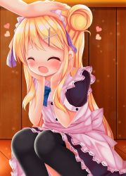 Rule 34 | 1girl, :d, ^ ^, apron, black skirt, black thighhighs, blonde hair, blue neckwear, blush, bow, bowtie, closed eyes, collared shirt, commentary request, frilled apron, frills, hair bun, hair ornament, hands on own cheeks, hands on own face, headpat, heart, highres, indoors, kin-iro mosaic, kujou karen, long hair, maid, maid apron, maid headdress, minato ojitan, nose blush, open mouth, puffy short sleeves, puffy sleeves, purple ribbon, ribbon, ribbon-trimmed apron, ribbon-trimmed skirt, ribbon trim, shirt, short sleeves, side bun, single hair bun, single side bun, skirt, smile, solo focus, thighhighs, very long hair, white apron, white shirt, wooden floor, wooden wall, x hair ornament