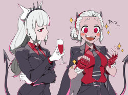 Rule 34 | 2girls, belt, black belt, black jacket, black neckwear, black pants, black suit, blush, blush stickers, breasts, clenched hand, collared shirt, commentary, crossed arms, cup, demon horns, demon tail, dress shirt, drinking glass, english commentary, fangs, fingerless gloves, formal, gloves, hair bun, hairband, helltaker, highres, holding, holding cup, horns, jacket, jacket on shoulders, justice (helltaker), light smile, long hair, looking at another, looking down, low-tied long hair, lucifer (helltaker), medium breasts, mixed-language commentary, multiple girls, necktie, no eyewear, open clothes, open jacket, open mouth, pant suit, pants, purple background, red eyes, red gloves, red shirt, shirt, shirt tucked in, shishima eichi, short hair, silver hair, simple background, single hair bun, smile, sparkle, spiked hairband, spikes, suit, tail, teeth, upper body, white gloves, wine glass, wing collar