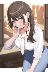 Rule 34 | 1girl, absurdres, blue skirt, blurry, blurry background, blush, breasts, brown hair, cleavage, collarbone, commentary request, earrings, hair between eyes, heart, highres, jewelry, large breasts, leaning forward, letterboxed, long hair, looking at viewer, monoto, office lady, open mouth, original, purple eyes, shirt, sidelocks, skirt, smile, solo, whispering, white shirt