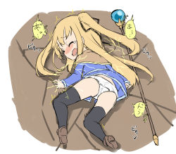 Rule 34 | 1girl, ?, black ribbon, black thighhighs, blonde hair, blue dress, blush, brown capelet, brown footwear, capelet, closed eyes, dress, electricity, hair ribbon, highres, long hair, long sleeves, lying, meme, mifa (sekira ame), nose blush, on ground, on side, open mouth, orb, original, outdoors, panties, ribbon, sekira ame, shoes, short dress, sketch, solo, spoken question mark, staff, tears, thighhighs, translation request, two side up, underwear, very long hair, white panties, yamcha pose (meme)