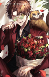 Rule 34 | 1boy, absurdres, akira (a ki ra 8 9), animal, animal on head, bespectacled, black shirt, bouquet, brown hair, buttoned cuffs, buttons, character name, collared jacket, commentary, commentary request, curtained hair, dated, earrings, english commentary, feet out of frame, flower, glasses, glint, gold earrings, gold necklace, gold ring, gradient-tinted eyewear, green-tinted eyewear, green eyes, happy birthday, highres, holding, holding bouquet, jacket, jewelry, lapels, leaf, long hair, looking at object, looking up, lower teeth only, male focus, mixed-language commentary, necklace, notched lapels, on head, open collar, open mouth, pants, reaching, red flower, red jacket, red pants, red rose, ring, rose, round eyewear, shirt, short hair, signature, sitting, solo, star (symbol), star earrings, suit jacket, tanuki, teeth, tinted eyewear, twitter username, urashimasakatasen, uratanuki, utaite, very long hair, yamadanuki, yellow-framed eyewear