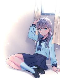 Rule 34 | 1girl, absurdres, arm support, black footwear, black sailor collar, black skirt, blouse, blue eyes, blue neckerchief, blue shirt, bomhat, closed mouth, commentary, curtains, grey hair, hand up, highres, indoors, light particles, long hair, long sleeves, looking at viewer, neckerchief, on floor, original, pleated skirt, sailor collar, school uniform, serafuku, shirt, sitting, skirt, smile, socks, solo, white footwear, window