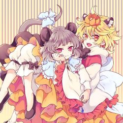 Rule 34 | 2girls, animal ears, blonde hair, capelet, fang, frills, grey hair, hair ornament, jewelry, kemonomimi mode, long sleeves, looking at viewer, mouse ears, mouse tail, multiple girls, nazrin, necklace, open mouth, orange eyes, pants, red eyes, ribbon, shoes, short hair, smile, striped, striped background, tail, tail ornament, tail ribbon, tiger ears, tomobe kinuko, toramaru shou, touhou, wide sleeves