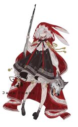 Rule 34 | 1girl, animal ears, animal head, bity3155660241, black dress, black footwear, black skirt, bow, cape, cloak, closed mouth, dress, english text, full body, gun, hair over one eye, holding, holding gun, holding weapon, hood, hood up, hooded cape, hooded cloak, long sleeves, looking at viewer, original, pantyhose, puffy long sleeves, puffy sleeves, red cape, red cloak, red eyes, rifle, shirt, shoes, short hair, simple background, skirt, socks, solo, watermark, weapon, white background, white hair, white shirt, wolf, wolf head