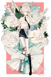 Rule 34 | 1girl, 2018, aqua jingche, artist name, asymmetrical hair, black footwear, black necktie, black socks, blonde hair, blue shorts, bouquet, bow, bow legwear, buttons, chinese commentary, collared shirt, commentary request, floral background, flower, full body, hair over one eye, high collar, highres, kneehighs, leaf, lily of the valley, long sleeves, looking to the side, necktie, original, parted lips, pink background, pink bow, puffy long sleeves, puffy sleeves, rose, see-through bow, shirt, shoes, short hair, short shorts, shorts, socks, solo, striped, striped bow, two-tone background, white background, white bow, white flower, white rose, white shirt, white sleeves, yellow eyes