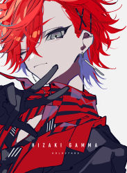 Rule 34 | 1boy, asymmetrical bangs, blouse, crossed bangs, earrings, grey eyes, hair ornament, hairclip, highres, hizaki gamma, holostars, jewelry, looking at viewer, male focus, mochizuki kei, one eye closed, red hair, red shirt, shirt, simple background, smile, solo, striped clothes, striped shirt, virtual youtuber
