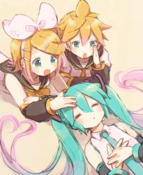 Rule 34 | 1boy, 2girls, aqua hair, aqua necktie, arm warmers, bare shoulders, black collar, black sleeves, blonde hair, bow, collar, commentary, detached sleeves, hair bow, hair ornament, hairclip, hand on another&#039;s head, hands on own chest, hatsune miku, headpat, heart, highres, kagamine len, kagamine rin, long hair, lying, multiple girls, neckerchief, necktie, on back, on stomach, open mouth, own hands together, sailor collar, school uniform, shirt, short hair, short sleeves, sleeveless, sleeveless shirt, spiked hair, swept bangs, twintails, upper body, very long hair, vocaloid, white bow, white shirt, yellow neckerchief, yuirinex
