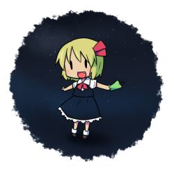 Rule 34 | 1girl, blonde hair, chibi, embodiment of scarlet devil, fang, female focus, hair ribbon, necktie, outstretched arms, red eyes, ribbon, rumia, short hair, solo, spread arms, tanzaku, touhou, yamabuki (yusuraume), | |