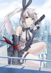 Rule 34 | 1girl, absurdres, artist request, bare shoulders, black skirt, brown eyes, building, city, closed mouth, commentary, commission, english commentary, five-seven (girls&#039; frontline), fn five-seven, giant, giantess, girls&#039; frontline, gun, handgun, highres, holding, holding gun, holding weapon, long hair, looking at viewer, miniskirt, pdw-caliber pistol, pleated skirt, ponytail, second-party source, skeb commission, skirt, skyscraper, smile, solo, thigh strap, weapon, white hair