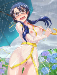 Rule 34 | 10s, 1girl, black hair, blush, breasts, covered erect nipples, dan (orange train), female pubic hair, flower, glasses, hydrangea, idolmaster, idolmaster million live!, long hair, looking at viewer, low twintails, naked raincoat, navel, nipples, open mouth, pubic hair, pussy, rain, raincoat, red eyes, see-through, solo, takayama sayoko, twintails, umbrella