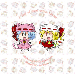 Rule 34 | 0 0, 2girls, :3, :d, animal ears, ascot, bad id, bad pixiv id, bat wings, blonde hair, blue hair, brooch, cat ears, cat tail, chibi, detached wings, dress, english text, engrish text, fang, flandre scarlet, hat, jewelry, kemonomimi mode, looking at viewer, mob cap, multiple girls, noai nioshi, open mouth, patch, pink dress, ranguage, red eyes, remilia scarlet, short hair, side ponytail, smile, tail, touhou, wings, wrist cuffs