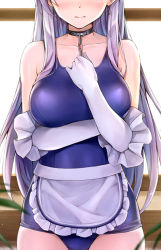 Rule 34 | 1girl, alternate costume, apron, azur lane, bare shoulders, belfast (azur lane), blue one-piece swimsuit, blurry, blush, breasts, chain, closed mouth, collar, collarbone, competition school swimsuit, cowboy shot, depth of field, elbow gloves, embarrassed, facing viewer, frilled gloves, frills, frown, gloves, hand on own chest, head out of frame, koyuki (kotatsu358), large breasts, long hair, one-piece swimsuit, school swimsuit, silver hair, solo, standing, straight hair, swimsuit, very long hair, waist apron, white apron, white gloves, window