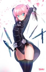 Rule 34 | 1girl, bad id, bad pixiv id, black gloves, blue eyes, blush, breasts, closers, cowboy shot, gloves, highres, knife, leotard, looking at viewer, pink hair, seulbi lee, short hair, side ponytail, small breasts, smile, solo, thighhighs, tteggar