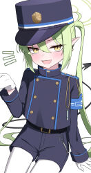 Rule 34 | 1girl, absurdres, belt, black belt, black hat, black jacket, black shorts, black tail, blue archive, blush, buttons, cowboy shot, demon tail, double-breasted, earrings, fang, gloves, green hair, green halo, hair between eyes, halo, hat, nozomi (blue archive), highres, jacket, jewelry, kukuku (kuruta 39), long hair, long sleeves, looking at viewer, open mouth, pantyhose, peaked cap, pointy ears, shorts, simple background, skin fang, smile, solo, tail, white background, white gloves, white pantyhose, yellow eyes