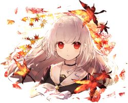 Rule 34 | 1girl, autumn leaves, black choker, black shirt, choker, closed mouth, commentary request, cropped torso, grey hair, highres, leaf, long hair, looking at viewer, maple leaf, original, red eyes, reizouko, sailor collar, school uniform, serafuku, shirt, solo, upper body, white background, white sailor collar