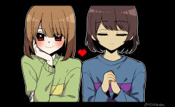 Rule 34 | 0725akaba, 2others, black background, blue shirt, blush, brown hair, chara (undertale), closed eyes, closed mouth, facing viewer, frisk (undertale), green shirt, hair between eyes, hand up, heart, highres, letterboxed, long sleeves, looking at viewer, multiple others, own hands together, pixelated, red eyes, shirt, simple background, sleeves past wrists, smile, twitter username, undertale