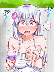 Rule 34 | ..., 1girl, bare shoulders, blush, breasts, cleavage, day, dress, fate/grand order, fate (series), flower, food, hair flower, hair ornament, holding, holding food, ice cream, ice cream cone, kama (fate), large breasts, long hair, looking at viewer, lotus, matou sakura, o o, open mouth, pov, pov hands, silver hair, sleeveless, sleeveless dress, solo, spaghetti strap, spoken ellipsis, sundress, surprised, sweat, wavy mouth, white dress, wide-eyed, yakisobapan tarou &amp; negitoro-ko