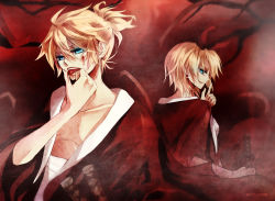 Rule 34 | 1boy, 1girl, bandages, blonde hair, blood, blood on face, blue eyes, brother and sister, earrings, hair ornament, jewelry, kagamine len, kagamine rin, lancha, licking, no pupils, ribbon, short hair, siblings, sword, twins, vocaloid, weapon