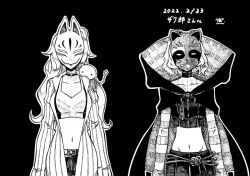 Rule 34 | 2girls, ahoge, animal, animal on shoulder, arms at sides, belt, binary, black background, chest tattoo, choker, circuit board, cloak, commission, crop top, dated, detached sleeves, diagonal-striped clothes, diagonal-striped headwear, facing viewer, glasses, goggles, goggles on head, greyscale, groin, harumayago, hat, hatching (texture), jacket, kazari jun, long hair, magia record: mahou shoujo madoka magica gaiden, magical girl, mahou shoujo madoka magica, mask, messy hair, microskirt, midriff, mini hat, miwa mitsune, monochrome, multiple girls, navel, noh mask, outline, partially unzipped, pinstripe jacket, pinstripe pattern, short hair, sidelocks, signature, skeb commission, skirt, striped clothes, striped jacket, striped sleeves, stuffed squid, swept bangs, tattoo, two-sided cloak, two-sided fabric, upper body, vertical-striped clothes, vertical-striped jacket, wand, wavy hair, white outline