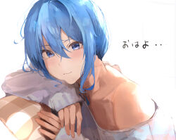 Rule 34 | 1girl, bare shoulders, blue eyes, blue hair, collarbone, hair between eyes, head rest, hololive, hoshimachi suisei, light blush, light smile, long hair, long sleeves, looking at viewer, no bra, pillow, sidelocks, simple background, sleeves past wrists, solo, sweater, translation request, virgo76612871, virtual youtuber, white background, white sweater