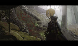 Rule 34 | 1girl, :d, blonde hair, chinese commentary, commentary request, day, fog, forest, from side, highres, hood, hood down, idolmaster, idolmaster cinderella girls, letterboxed, light particles, monster hunter (series), monster hunter: world, nature, open mouth, outdoors, profile, red eyes, robe, shirasaka koume, short hair, sideways mouth, smile, solo, spikes, standing, tree, waterkuma