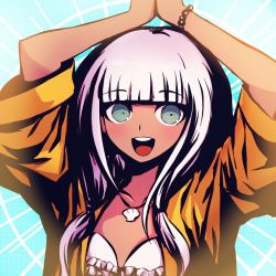 Rule 34 | 1girl, :d, arms up, bead bracelet, beads, bikini, blunt bangs, bracelet, danganronpa (series), danganronpa v3: killing harmony, dark-skinned female, dark skin, frills, green background, grey eyes, jacket, jewelry, long hair, low twintails, necklace, open mouth, qosic, redrawn, shell, shell necklace, smile, solo, swimsuit, teeth, twintails, upper body, upper teeth only, wide sleeves, yonaga angie