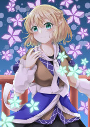 Rule 34 | 1girl, back bow, belt, black shirt, black skirt, blonde hair, blue background, blush, bow, breasts, bridge, brown shirt, closed mouth, danmaku, detached sleeves, flower, gradient background, green eyes, green flower, hair between eyes, hand up, highres, long sleeves, looking to the side, medium breasts, mizuhashi parsee, pink flower, pointy ears, puffy long sleeves, puffy sleeves, scarf, shirt, short hair, short sleeves, skirt, smile, solo, standing, t-shirt, takeno, touhou, white belt, white bow, white scarf