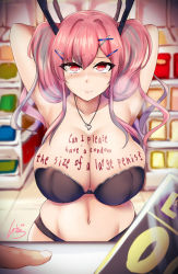 Rule 34 | 1girl, armpits, arms behind head, arms up, azur lane, black bra, black panties, body writing, bra, breasts, bremerton (azur lane), buying condoms, cash register, cashier, cleavage, closed mouth, commentary request, condom box, convenience store, counter, cum, cum in mouth, english text, hair between eyes, hair ornament, headgear, heart, heart-shaped pupils, heart necklace, heavy breathing, ibara azuki, jewelry, large breasts, long hair, looking at viewer, mole, mole under eye, multicolored hair, navel, necklace, panties, pink eyes, pink hair, pov, shop, sidelocks, skindentation, stomach, strapless, strapless bra, streaked hair, symbol-shaped pupils, twintails, underwear, x hair ornament