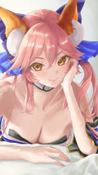 Rule 34 | 1girl, absurdres, animal ear fluff, animal ears, bare shoulders, breasts, choker, cleavage, closed mouth, collarbone, commentary, crossed bangs, detached sleeves, eyelashes, fate/grand order, fate (series), fox ears, fox girl, gold trim, gradient background, hair between eyes, hair ornament, hand on own face, highres, huziko32, kitsune, long bangs, looking at viewer, medium breasts, pink hair, simple background, solo, tamamo (fate), tamamo no mae (fate/extra), tamamo no mae (mythology), upper body, wavy mouth, yellow eyes