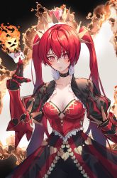 Rule 34 | 1girl, between fingers, blush, breasts, card, choker, cleavage, closed mouth, crown, dress, facing viewer, fire, frown, gloves, godoju, grimlight, highres, holding, holding card, long hair, looking afar, pink eyes, queen of hearts (grimlight), red hair, solo, twintails, very long hair
