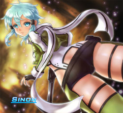Rule 34 | 10s, 1girl, anti-materiel rifle, aqua eyes, aqua hair, ass, boken fantasy, breasts, character name, fingerless gloves, from behind, from below, frown, gloves, gun, headgear, looking at viewer, looking back, rifle, scarf, short hair, short shorts, shorts, sideboob, sinon, sniper rifle, sword art online, weapon
