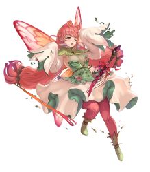Rule 34 | 1girl, breasts, cleavage, detached sleeves, dress, fairy wings, female focus, fire emblem, fire emblem heroes, flower, full body, gradient hair, highres, long hair, long sleeves, mirabilis (fire emblem), multicolored hair, nintendo, official art, one eye closed, open mouth, pantyhose, pink hair, pink pantyhose, pointy ears, sleeves past wrists, solo, sword, torn clothes, transparent background, weapon, wings, yoshiku (oden-usagi)