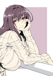 Rule 34 | 1girl, blush, breasts, covered erect nipples, fate/grand order, fate (series), highres, kinntarou, large breasts, long hair, looking at viewer, purple eyes, purple hair, ribbed sweater, scathach (fate), smile, solo, sweater, turtleneck, turtleneck sweater, very long hair